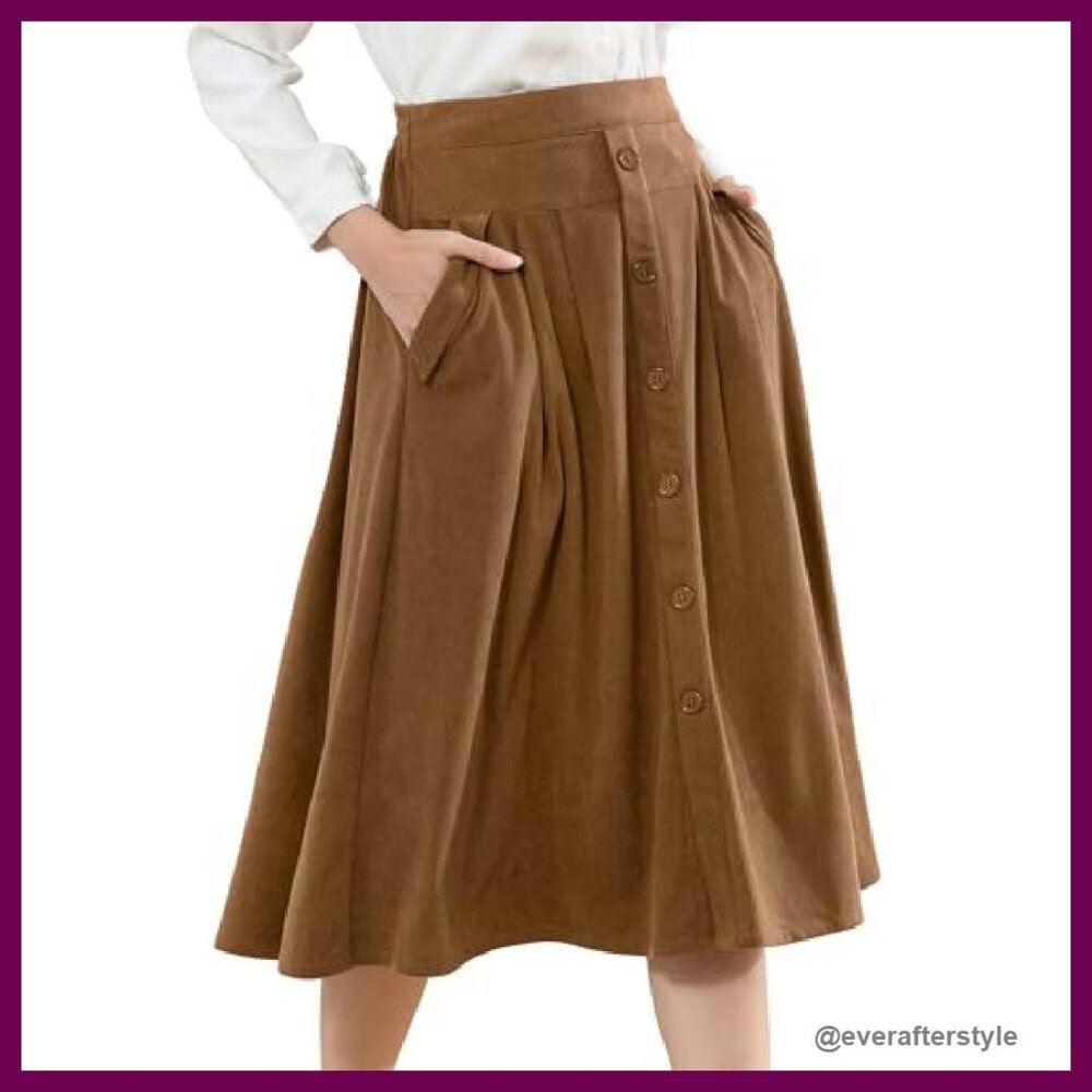 Vintage Corduroy Skirt High Waist Pleated A-Line Midi with Pockets Fall Winter - Picture 2 of 8